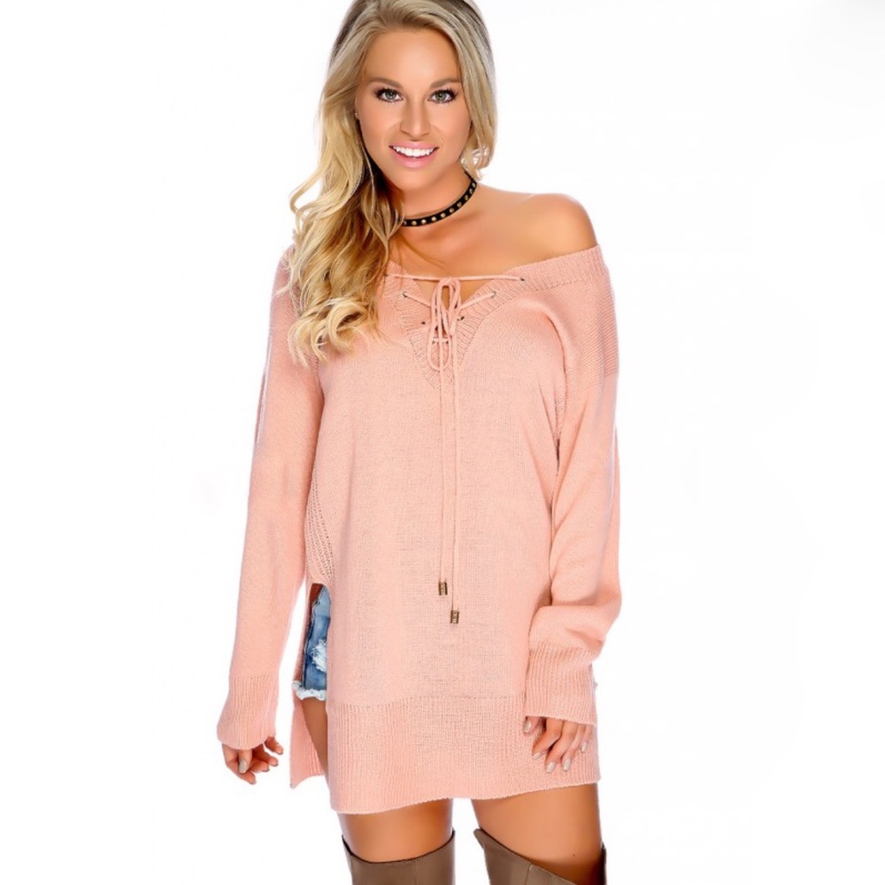 ARRIVED ‼️Pink Knit Lace Up Long Sweater  - Picture 2 of 4